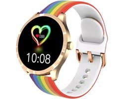 Belesy® BQSiRgRb PLUS - Smartwatch Dames – Smartwatch Heren - Horloge - 1.28 inch - Kleurenscherm - Stappenteller - Bloeddruk - Hartslag - 75+ Wijzerplaten – Sporten – Rose Goud - Siliconen - Regenboog - Kerstcadeau