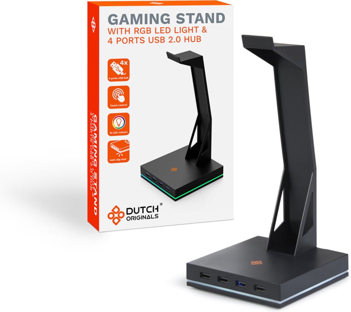 Dutch Originals Headset Stand - LED-licht - Zwart - Anti-slip - 4 USB 2.0 Ports, 12 x 12 x 25.3 cm — afbeelding 1