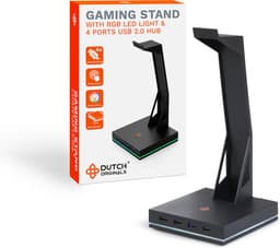 Dutch Originals Headset Stand - LED-licht - Zwart - Anti-slip - 4 USB 2.0 Ports, 12 x 12 x 25.3 cm — thumbnail 1