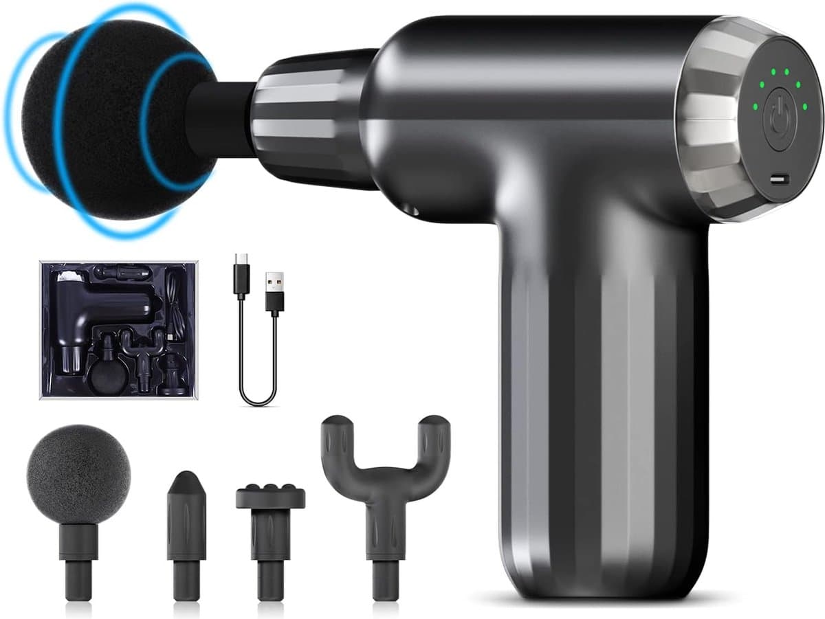 Massagepistool massageapparaat, mini massage gun, spiermassageapparaat elektrisch, draagbaar handmassageapparaat met 6 snelheden, 4 massagekoppen — afbeelding 1