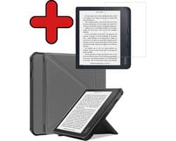 Hoes Geschikt voor Kobo Libra 2 - Met Screenprotector - Luxe E-reader Trifold Case - Bescherm Hoesje Book Cover - Grijs