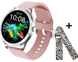 Belesy® BQSiRgPk Pro - Smartwatch Dames – Smartwatch Heren - Horloge - 1.28 inch - Kleurenscherm - Stappenteller - Bloeddruk - Hartslag - 75+ Wijzerplaten – Sporten – Zilver – Siliconen – Roze – extra polsband Panterprint - Kerstcadeau