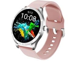 Belesy® BQSiRgPk Pro - Smartwatch Dames – Smartwatch Heren - Horloge - 1.28 inch - Kleurenscherm - Stappenteller - Bloeddruk - Hartslag - 75+ Wijzerplaten – Sporten – Zilver – Siliconen - Roze - Kerstcadeau