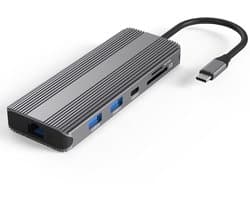 NÖRDIC 1 naar 10 USB-C Dockingstation - 8K/30Hz & 4K/60Hz - Dual HDMI - Gigabit LAN - USB-A & USB-C 3.1 - SD/MicroSD - 87W Power Delivery - Voor Windows & macOS