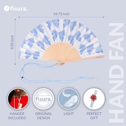 Elegante Houten Waaier met Strikkenpatroon – Handventilator in Blauw met Ophangsysteem — thumbnail 1