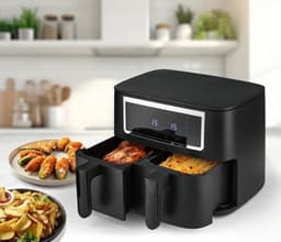 Dubbele airfryer - Dubbele Heteluchtfriteuse 2x4 Liter met Touchscreen, Synchro-kookzones, 10 Programma's, 2600W, Vetarm Frituren, Airfryer XXL voor Gezinnen — thumbnail 3