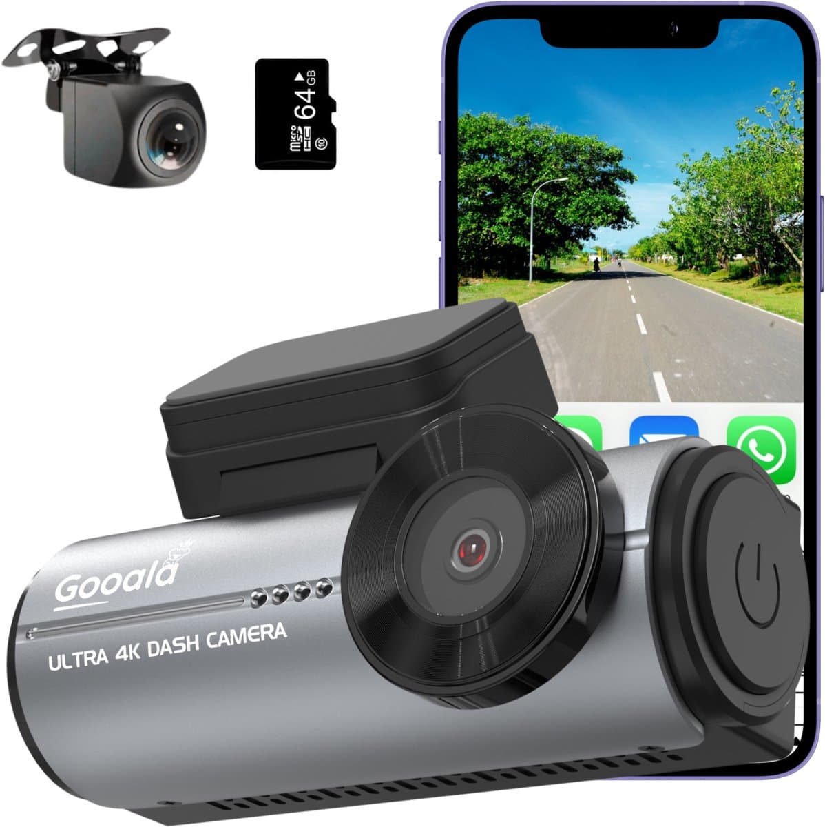 Gooala® Dashcam Ultra 4K voor Auto Voor en Achter- 4K & 1080P - Beeldscherm & App opnames - Inclusief 64GB SD Kaart — afbeelding 1