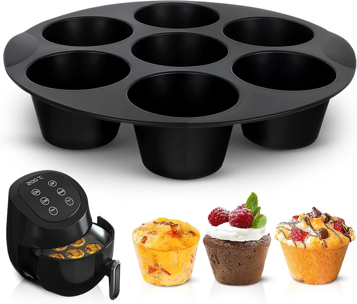 Siliconen Bakvorm - 7 Cups Non-stick Bakvormpjes - 20 Cm - Herbruikbaar, Bpa-Vrij - Bakaccessoire - Airfryer Siliconen Cupcake Bakvorm - Siliconen Muffin Bakvormen - Geschikt Voor Het Bakken Van Cupcakes, Brownies, Chocolade - Zwart — afbeelding 1