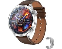 Knobbout 1.85" Ultra-HD Sport Smartwatch – Kompas, Hoogtemeter, GPS-sporttrajectregistratie - NFC - Bluetooth Bellen - bloeddruk, zuurstofniveau (SpO₂) Gezondheidsmonitoring - AI Assistent - IP67 Waterdicht - 410mAh Accu- Bruin Leren+Siliconen Band