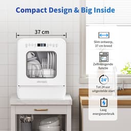 AIRMSEN Mini Vaatwasser - Vrijstaand - Watertank 5L - 9 Programma's - 4 Couverts - Compact (37x50 cm) - 24u Uitgestelde Start - Wit — thumbnail 4