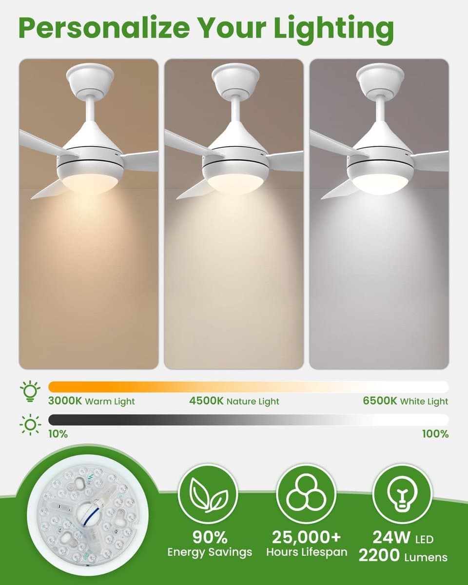 Plafondventilator met verlichting en afstandsbediening, stille 106 cm ventilator met 6 snelheden voor slaapkamer — afbeelding 1
