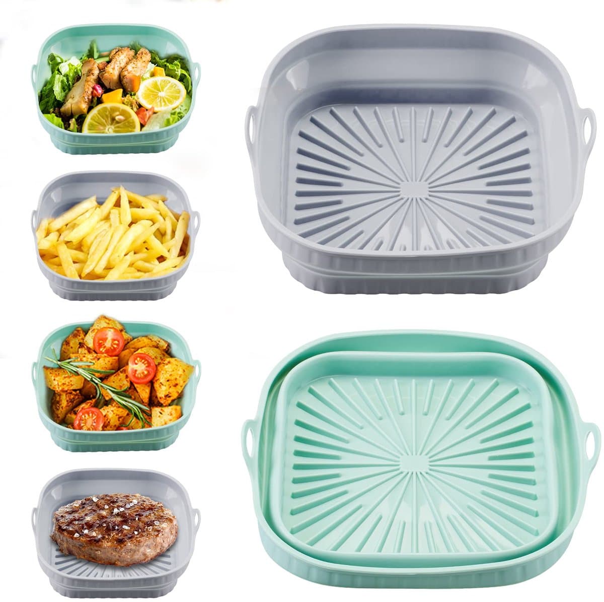 2-pack, airfryer siliconen mat, 8-inch vierkant, grijs + groen, gemakkelijk schoon te maken, vaatwasserbestendig, opvouwbaar, siliconen, vierkant — afbeelding 1