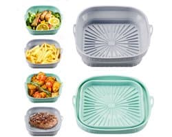 2-pack, airfryer siliconen mat, 8-inch vierkant, grijs + groen, gemakkelijk schoon te maken, vaatwasserbestendig, opvouwbaar, siliconen, vierkant