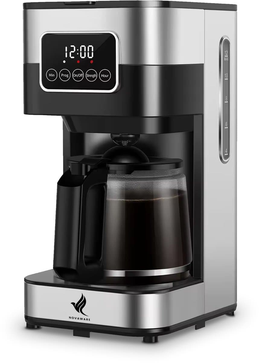 NovaWare Koffiezetapparaat Filterkoffie - 1.5L – Met Glazen Kan & Herbruikbaar Filter - Koffiemachines - Display – 12 Kopjes – Zwart/RVS — afbeelding 1
