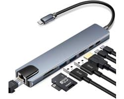 USB C Hub Multiport Adapter, 8-in-1 USB C Dongle met 4K HDMI, RJ45 Ethernet, 100W PD Opladen, USB 3.0, SD/TF Kaartlezer, USB-C Docking Station, Geschikt voor MacBook Pro/Air, Dell, HP en andere Type-C Apparaten