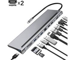 VEXON - Cablehub Pro - Multifunctionele 12-in-1 USB-C Hub Adapter - USB C Docking Station met Dual HDMI - USB 3.0 Hub - 3,5mm Jack - 1000MB LAN, SD & Micro SD Kaart Slot - 2 x HDMI - 100W Power Delivery en VGA-poort - Spacegrey
