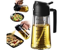 2-in-1 Olijfolie Dispenser - 450ml Glazen Fles met Spuitmond - Minder Olie voor Airfryer en Salade - Gezond Kookaccessoire - Oliefles - Zwart - 1 Stuk