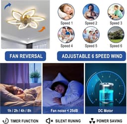6 Sterren Plafondlamp Met Ventilator - Goud - Met Afstandsbediening - Smart lamp - Dimbaar Met App - 6 Standen Ventilator - Woonkamerlamp - Moderne lamp - Plafoniere — thumbnail 3