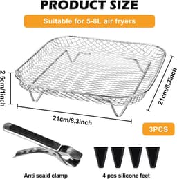 Air Fryer Rack, 3 stuks airfryer-accessoires, 3-laags stapelbaar luchtfriteuse-rek, accessoires heteluchtfriteuse, voor oven, airfryer-accessoires, vierkant, roestvrij staal, grillrooster voor grillen — thumbnail 2