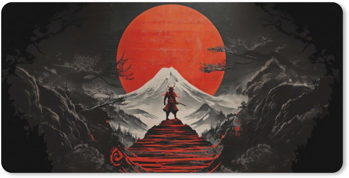Muismat XXL 100x50 cm - Bureau onderlegger - Bureau mat Krijger - Rode trappen - Zon - Berg - Bureaumat - Gaming mousepad xl - Bureaulegger groot - Computer deskmat — afbeelding 1