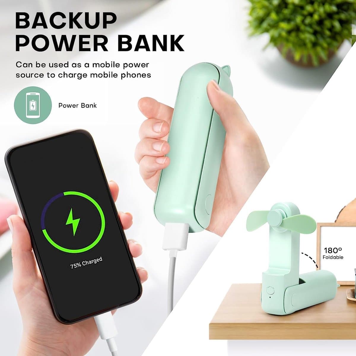 Draagbare Mini Ventilator met 3 Snelheden - Oplaadbare Persoonlijke Ventilator met Powerbankfunctie — afbeelding 1