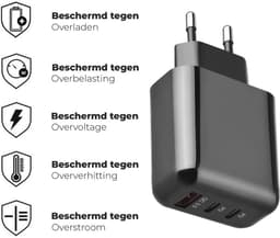 45W snellader GaN technologie - adapter USB A en USB C poorten - inclusief USB C naar USB C kabel 2 meter - geschikt voor Samsung Galaxy en iPhone 17 / 16 / 15 - zwart - WiseQ — thumbnail 6
