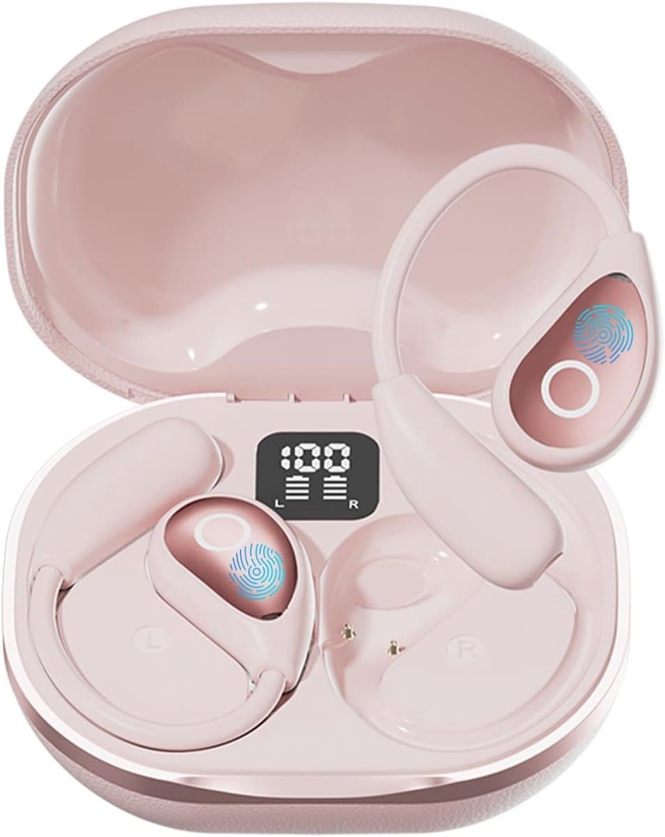 Open Ear Oordopjes - Draadloze Bluetooth 5.4 Sport Oordopjes - Met Digitale Display en 50Uur Speeltijd - Voor Fietsen en Hardlopen - Sportoordopjes - Roze — afbeelding 1