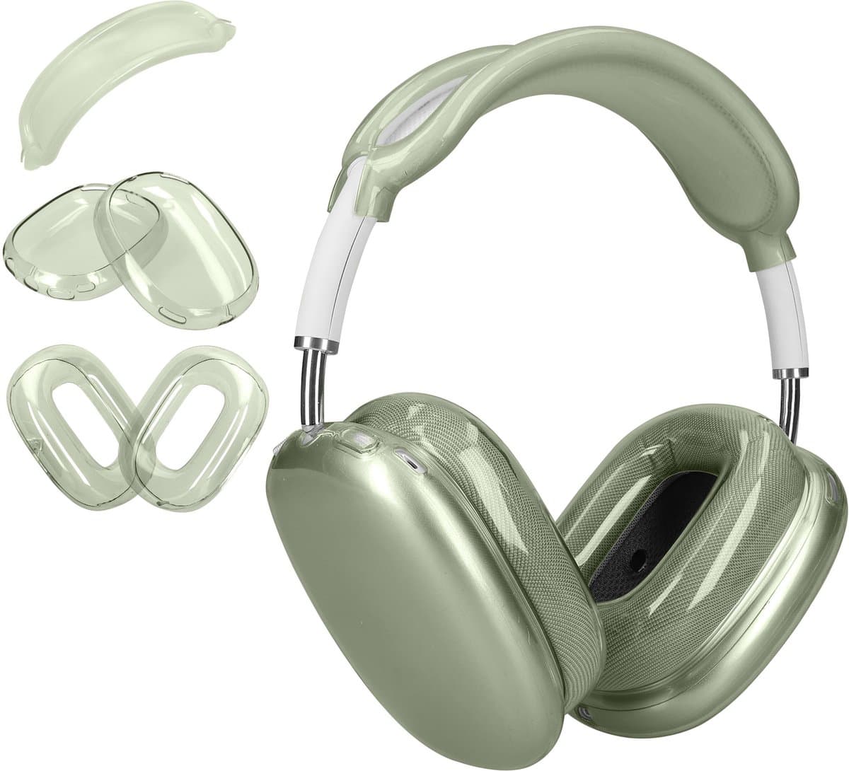 kwmobile 3-in-1 Hoofdtelefoonhoes voor Apple AirPods Max / AirPods Max 2 Hoesje - 360° TPU-hoes voor hoofdtelefoon - transparant / groen — afbeelding 1