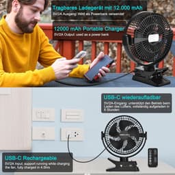 Oplaadbare clip-on ventilator 12000 mAh met afstandsbediening en LED-verlichting - 5 snelheden voor kantoor en buitengebruik — thumbnail 4