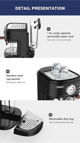 Studio Lyma Espressomachine - Koffiezetapparaat - Koffiemachine - 20 Bar - Met melkcontainer - Instelbare temperatuur en kopjesvolume — thumbnail 2