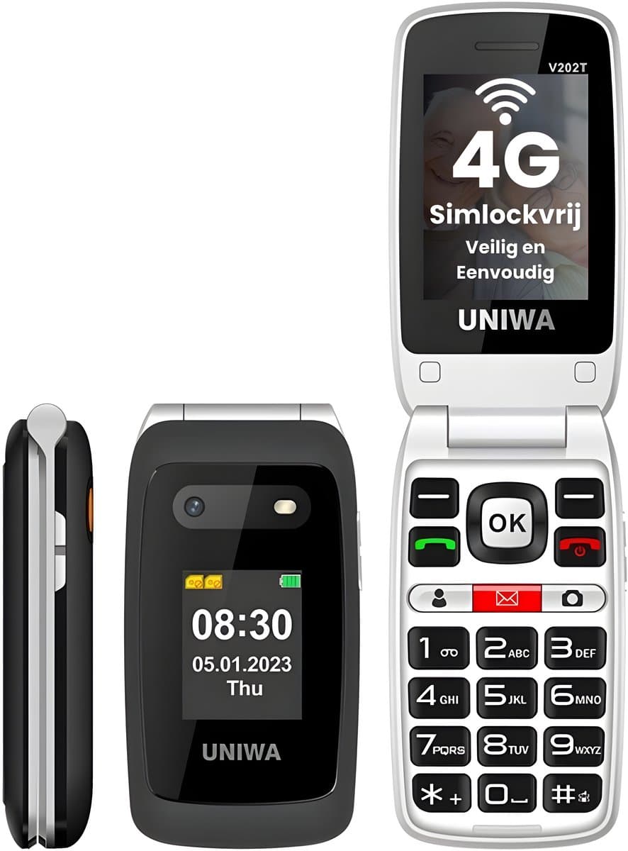 Uniwa V202T Senioren Telefoon 4G Senioren GSM Mobiele Telefoon Klaptelefoon Grote Toetsen SOS Noodknop Simlockvrij Oplaadstation Luid Geluid — afbeelding 1