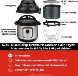 Instant Pot Duo Crisp 11-in-1 Multicooker met Airfryer 5,7L- Snel onder druk koken,Slow cooking, Sauteren, Stomen, Sous vide, Warmhouden, Snel frituren, Braden, Bakken, Roosteren, Drogen — thumbnail 3