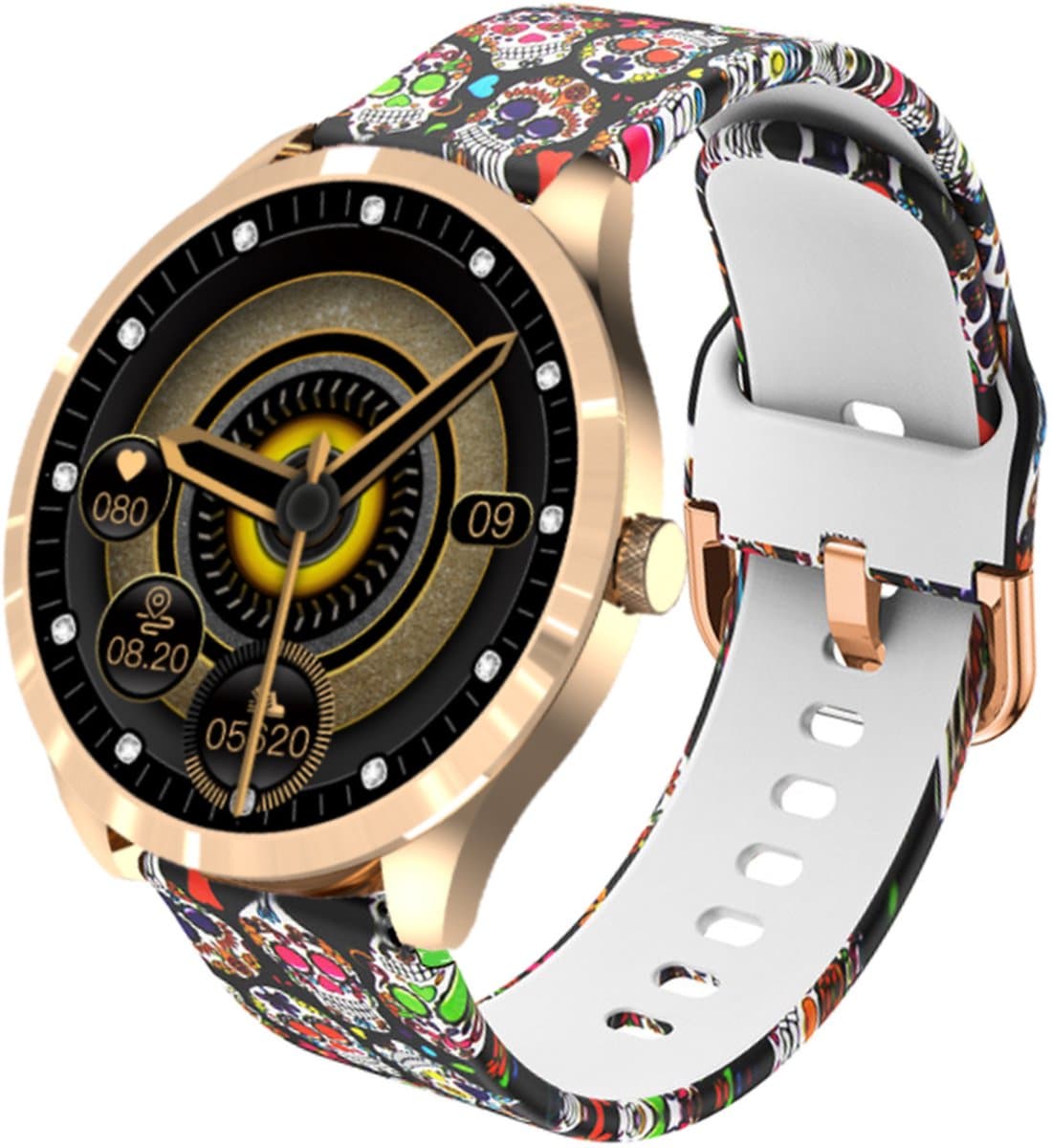 Belesy® BQSiRgSk Pro Skull - Smartwatch Dames – Smartwatch Heren - Horloge - 1.28 inch - Kleurenscherm - Stappenteller - Bloeddruk - Hartslag - 75+ Wijzerplaten – Sporten – Rose goud – Staal - Siliconen – Skull - Kerstcadeau — afbeelding 1