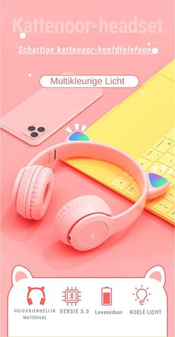 DrPhone Draadloze Kattenoor Koptelefoon Met Microfoon – Bluetooth 5.0 – RGB LED verlichting – MicroSD ingang + Aux 3.5mm + Ingebouwde batterij 400Mah — thumbnail 5