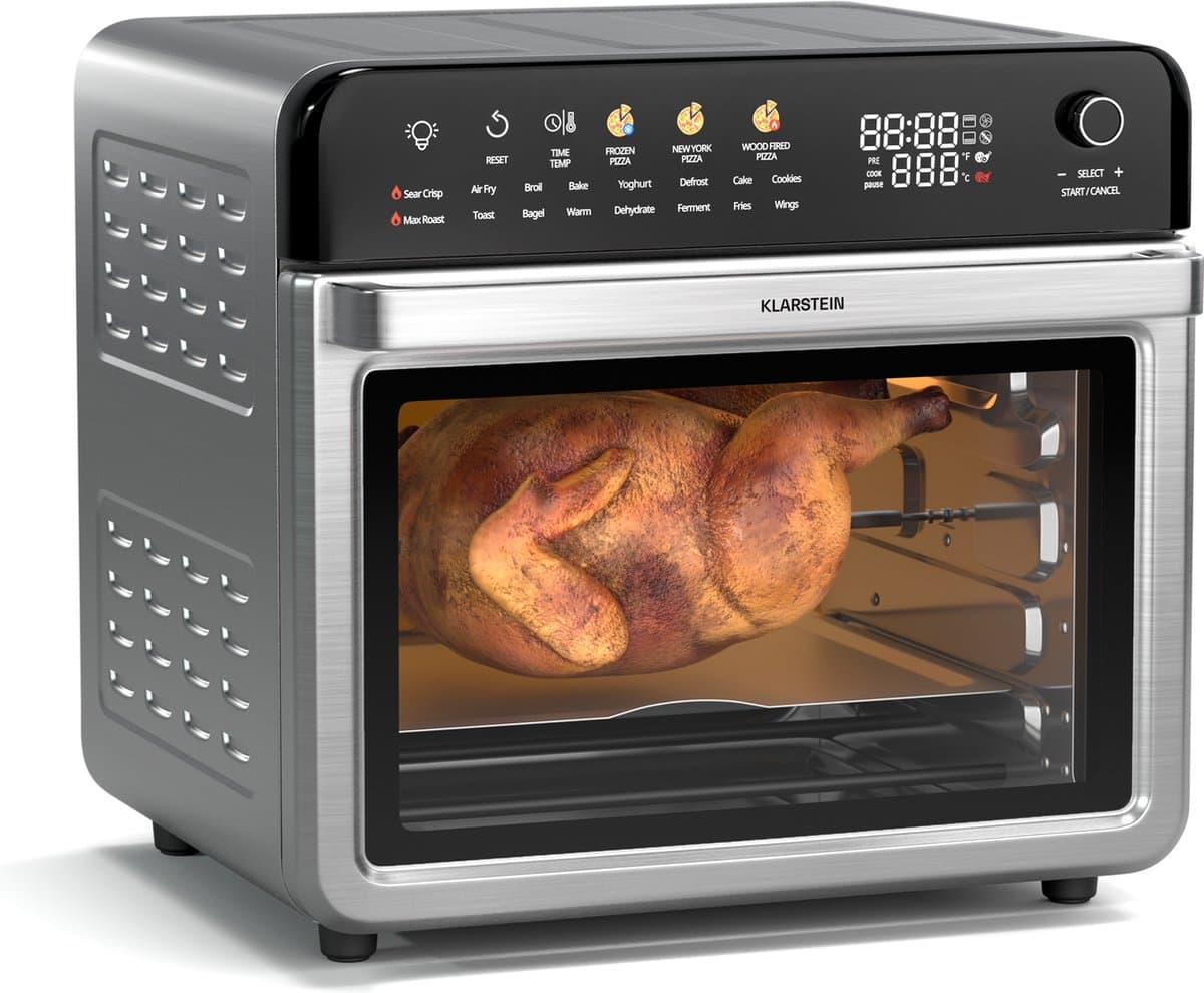 Klarstein Airfryer AirGlaze Digitale Kleuren Heteluchtfriteuse – 34 liter, 2200 W, 19 Programma's, Rotisserie, Touchscreen, 40-350 °C, Pizzasteen & Grillroosters, Roestvrij Staal, Dubbelwandige Deur, Zwart - voor Keuken - Heteluchtoven — afbeelding 1