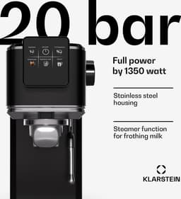 Klarstein SteelPresso Slim Touch Espressomachine – 20 bar, 1350 W, 1,2 liter waterreservoir, stoompijpje, zwart, compact, gebruiksvriendelijk, gemakkelijk schoon te maken, espressomachine — thumbnail 3
