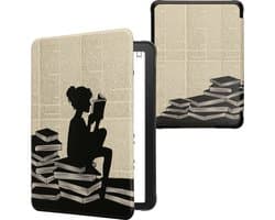 kwmobile e-reader hoesje geschikt voor Amazon Kindle Paperwhite (2024)/Colorsoft hoes - E reader flip case met magnetische sluiting - Ereader cover - Meisje met boeken design in zwart / beige