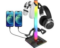 oCreon Draagbare Hoofdtelefoonhouder met RGB Verlichting & Dubbel Opladen - Gaming & Kantoor Accessoires