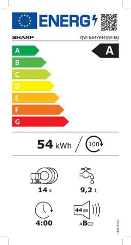 Sharp QWNA4YF44AWEU - vrijstaande vaatwasser - energie label A - 9 liter waterverbruik - 10 jaar motorgarantie - wit — thumbnail 2