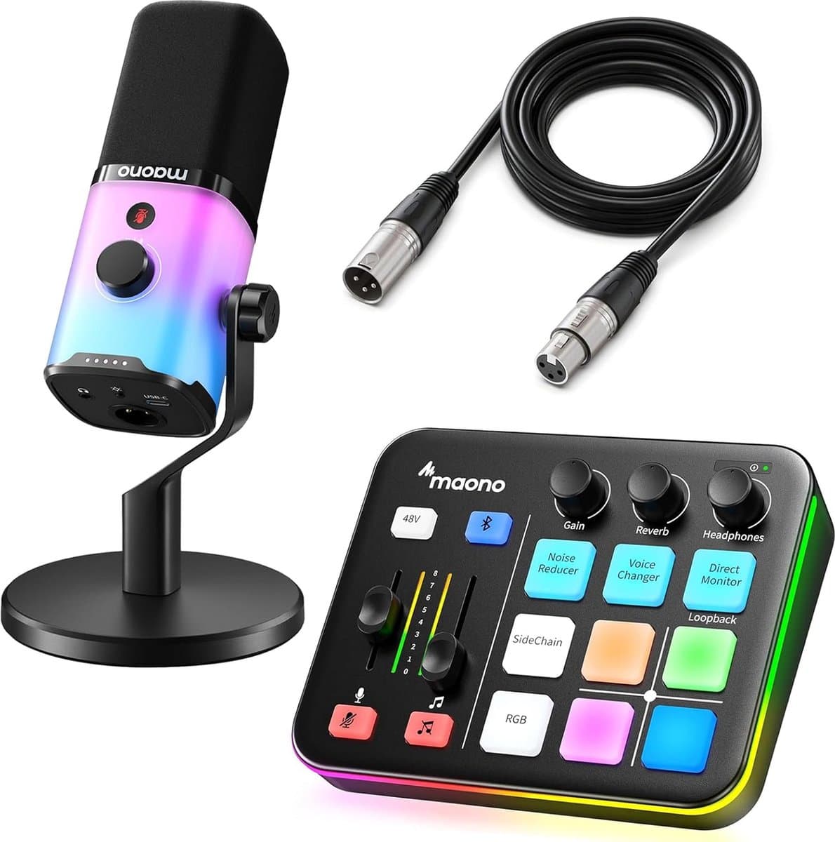 Maono - Starterspack - PD100X & G1 NEO & XLR Kabel - Podcast Starterspack - Gaming Streaming - USB RGB Microfoon - Streaming Deck - DJ Mixer — afbeelding 1