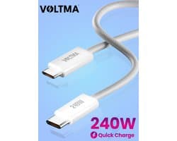 Voltma PMB240CC 240W USB-C naar USB-C Oplaadkabel met snelladen - 480Mbps Datakabel - 1 meter Premium Nylon Gevlochten C naar C fast charge kabel - USB C Snellader - Geschikt voor Smartphone, Tablet, iPhone, MacBook Pro, Dell en HP Laptop - Wit