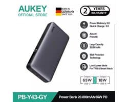 Aukey PB-Y43 Sprint X - Powerbank - FastCharge - PD3.0 - USB-C & USB-A - voor Smartphone/Tablet/Laptop - Grijs