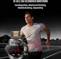 Royal Empire Amoled PRO Smartwatch - Smartwatch Heren - Stappenteller - Bloeddrukmeter - Hartslagmeter - Slaapmonitor - Multisport - 46MM - RVS en Leren bandje - Geschikt voor alle Smartphones - Kleur Zwart/goud — thumbnail 3