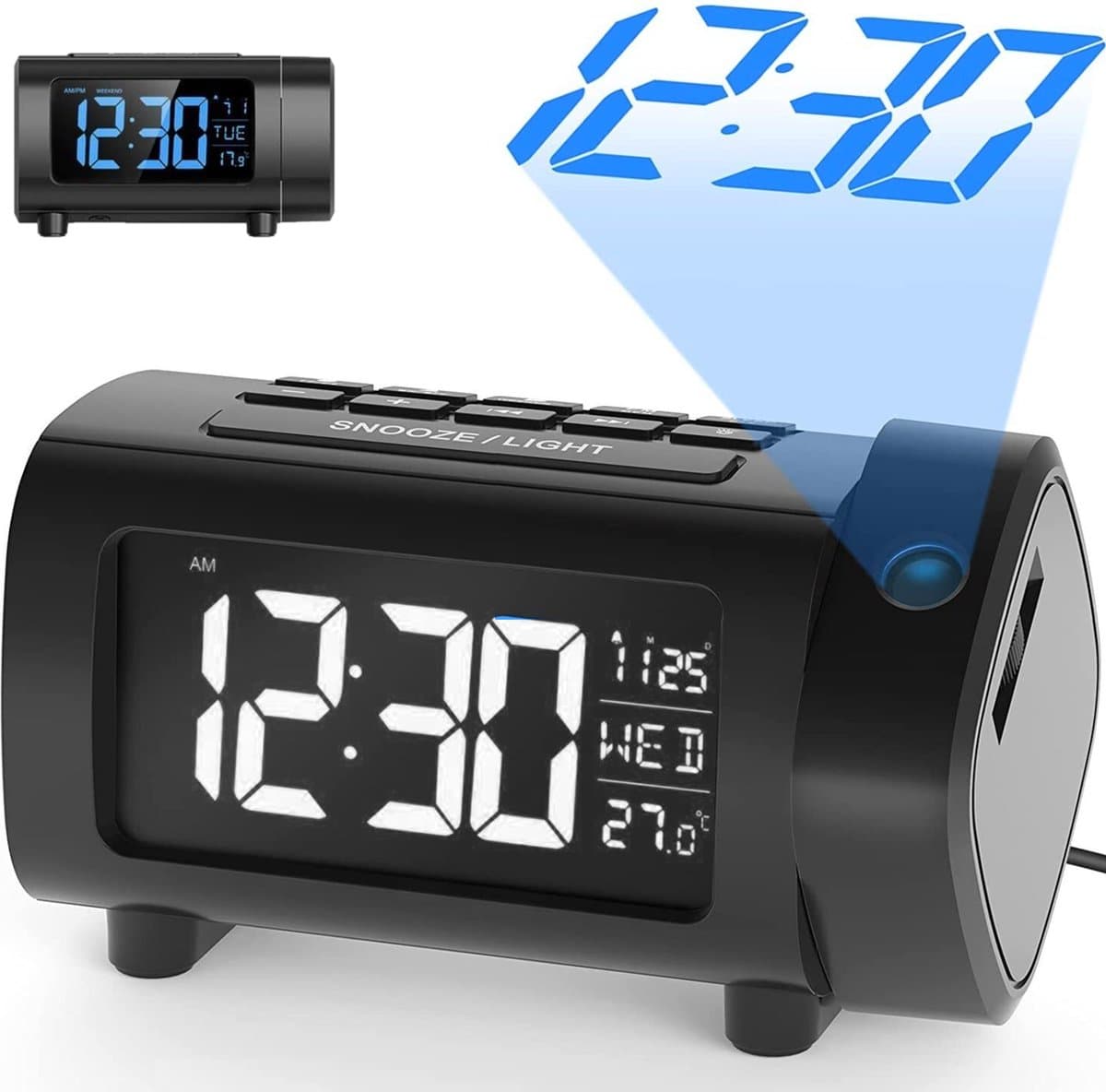 YUCONN Wekkerradio met Projectie - Digitale Klokradio - Wekker met DST - VA-display blauw of wit — afbeelding 1