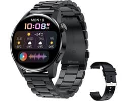 DrPhone ModelX5 - Metalen Smartwatch 46mm - A-GPS - Sport Mannen - Touchscreen - Berichten - Bluetooth Bellen + Extra Siliconen Band - Zwart