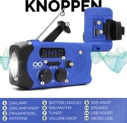 Noodradio - Solar - Opwindbaar - Blauw - Powerbank Zonne-energie - Zaklamp - Opwindbare Radio - Noodpakket — thumbnail 3