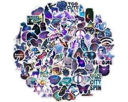 100 x Space Galaxy stickers voor laptop, koffer, muur, skateboard, badkamer etc. Coole ruimte/sterrenbeelden/dieren sticker mix paars/blauw