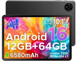 DOOGEE TAB A9 - Tablet - Android 16 - 12GB RAM + 64GB ROM（2TB/TF） - 10 Inch - 6580 mAh - 5G WiFi - Tablet Unisoc T310 - Dubbele Luidspreker - 3,5 mm aansluiting - Face ID - Zwart