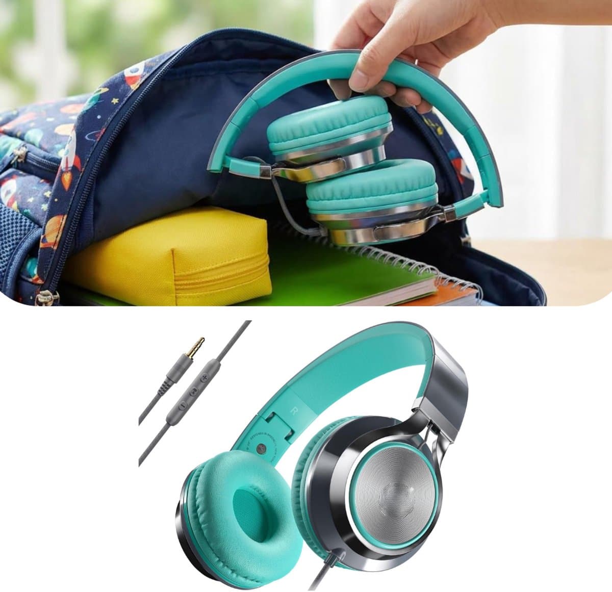 Zavio® Koptelefoon Kinderen met Draad - Gaming Headset - Turkoois en Grijs — afbeelding 1