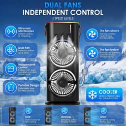 Draagbare mini-airco – 280 ml luchtkoeler, 4-in-1 draagbaar apparaat, 3 snelheden, 3 vernevelingsstanden, ledverlichting in 7 kleuren, USB-ventilator & luchtbevochtiger voor de slaapkamer - zwart — thumbnail 3